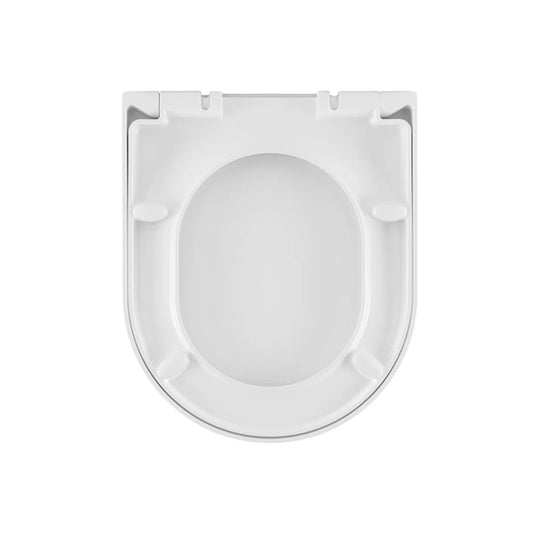 Vista inferior do assento de sanita Urb.y branco exibindo os amortecedores e fixações.