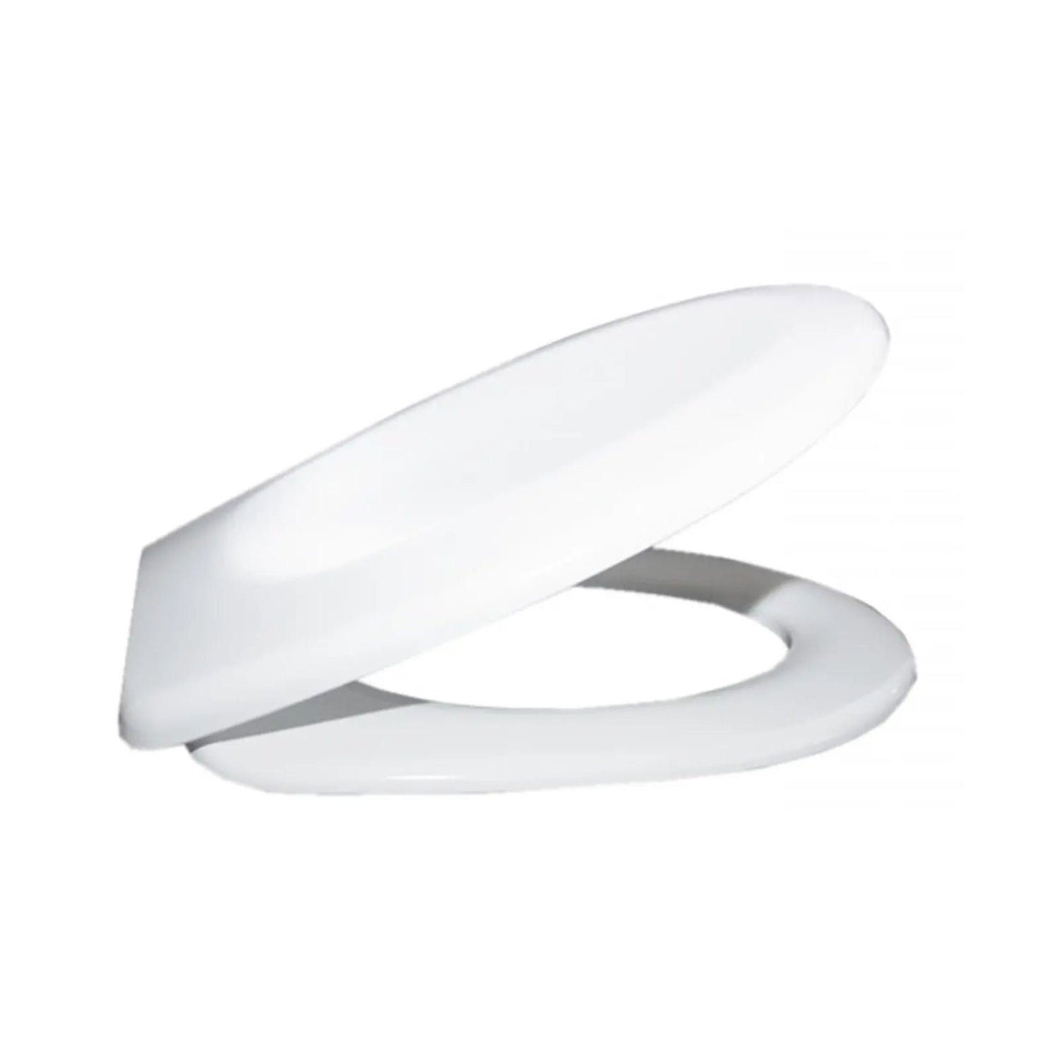 Assento de sanita universal Mebra em termodur branco com tampa entreaberta.