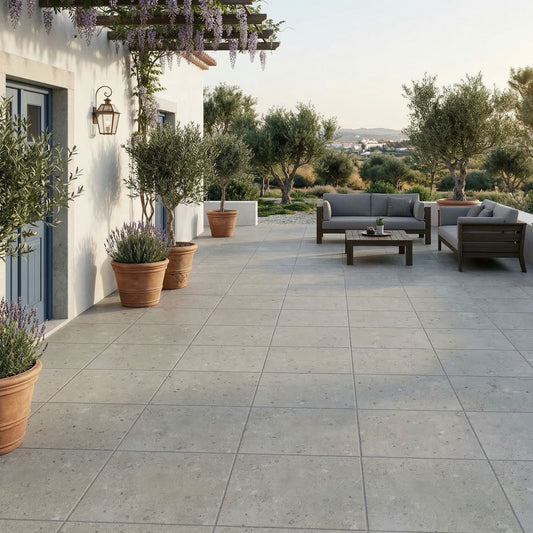 Terraço florido com pavimento cerâmico Pamesa Eaton Coal e mobiliário de jardim.