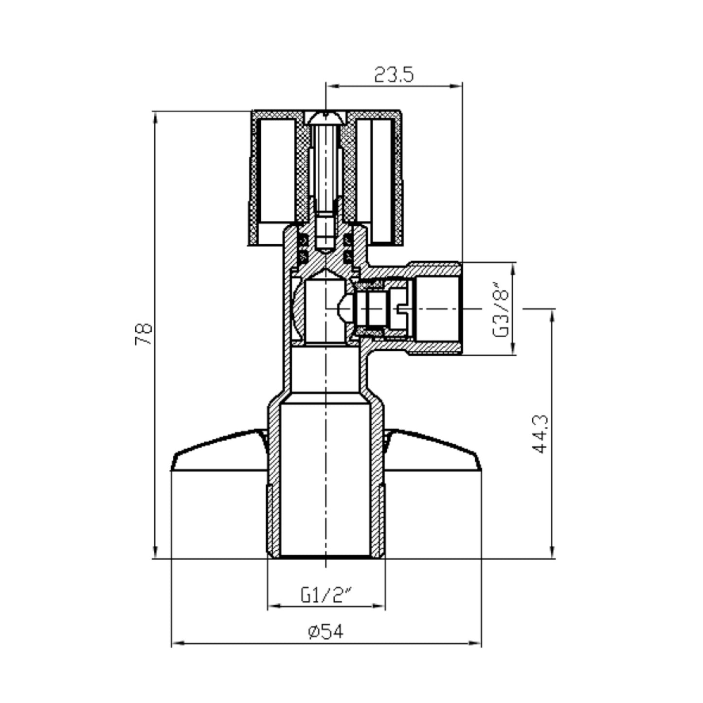 Medidas técnicas da torneira de corte Mebra em latão cromado, indicada para ligação de água em casas de banho e cozinhas, ref.6010.0202.