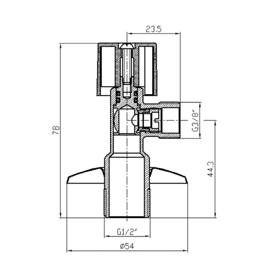 Medidas técnicas da torneira de corte Mebra em latão cromado, indicada para ligação de água em casas de banho e cozinhas, ref.6010.0202.