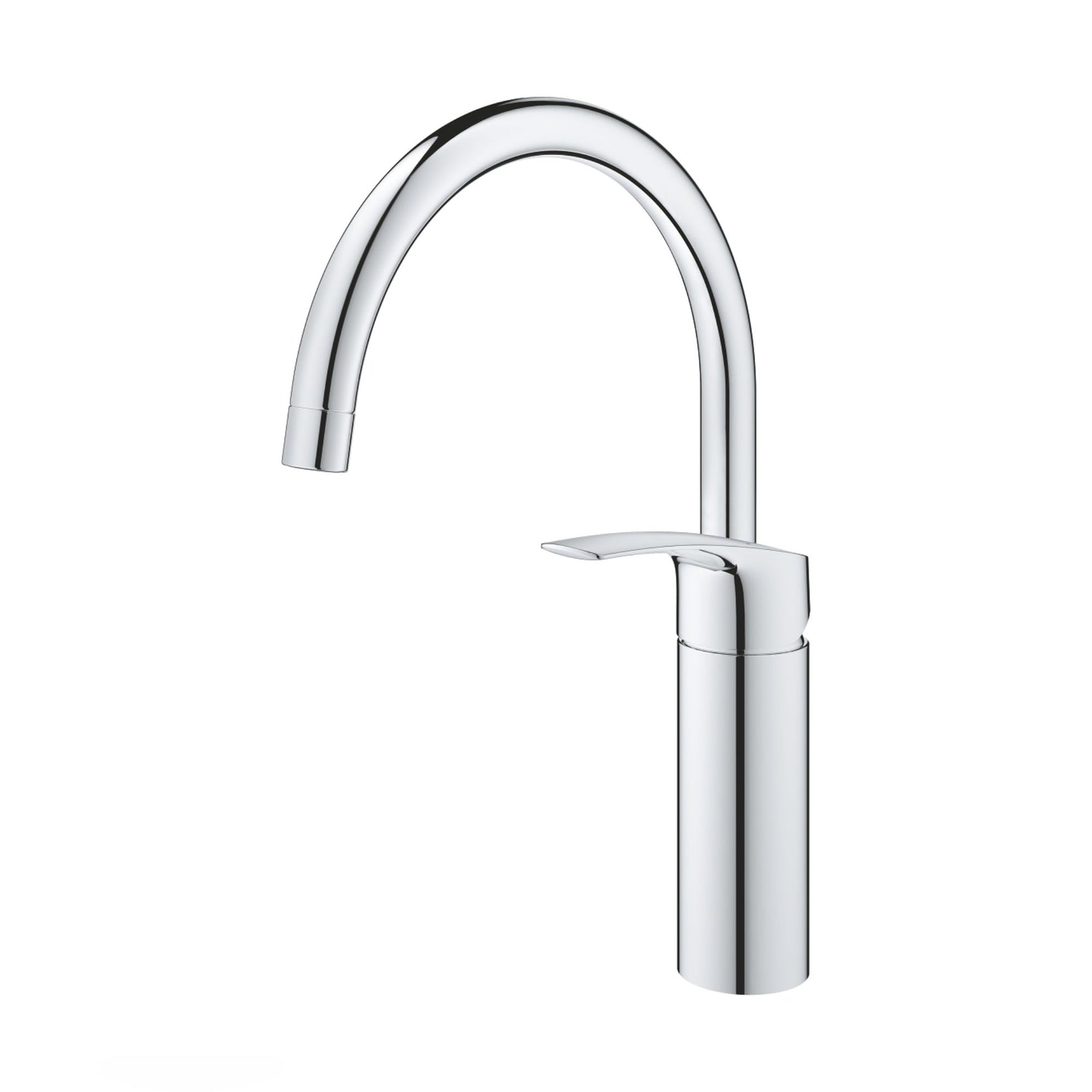 Vista lateral da torneira Grohe Eurosmart destacando o manípulo e o acabamento cromado.