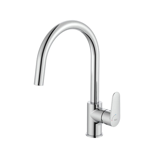 Alt text = 'Torneira de cozinha monocomando Roca Victoria Plus com bica alta giratória e acabamento cromado.'