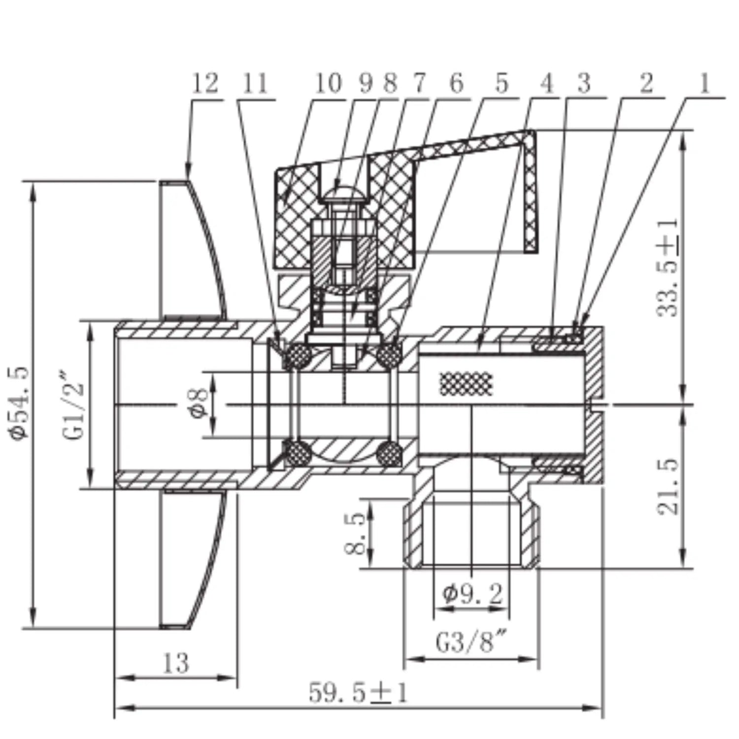 Dimensões técnicas da torneira de Corte Mebra com Filtro 