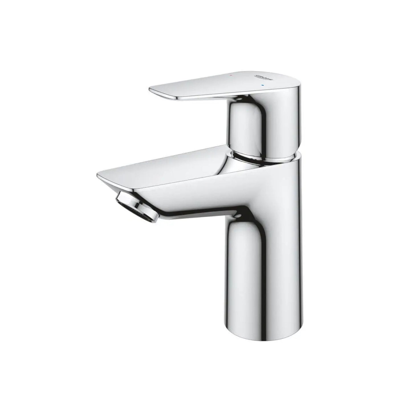 Vista em perspetiva da torneira monocomando Grohe BauEdge S cromada destacando o manípulo superior e bica.