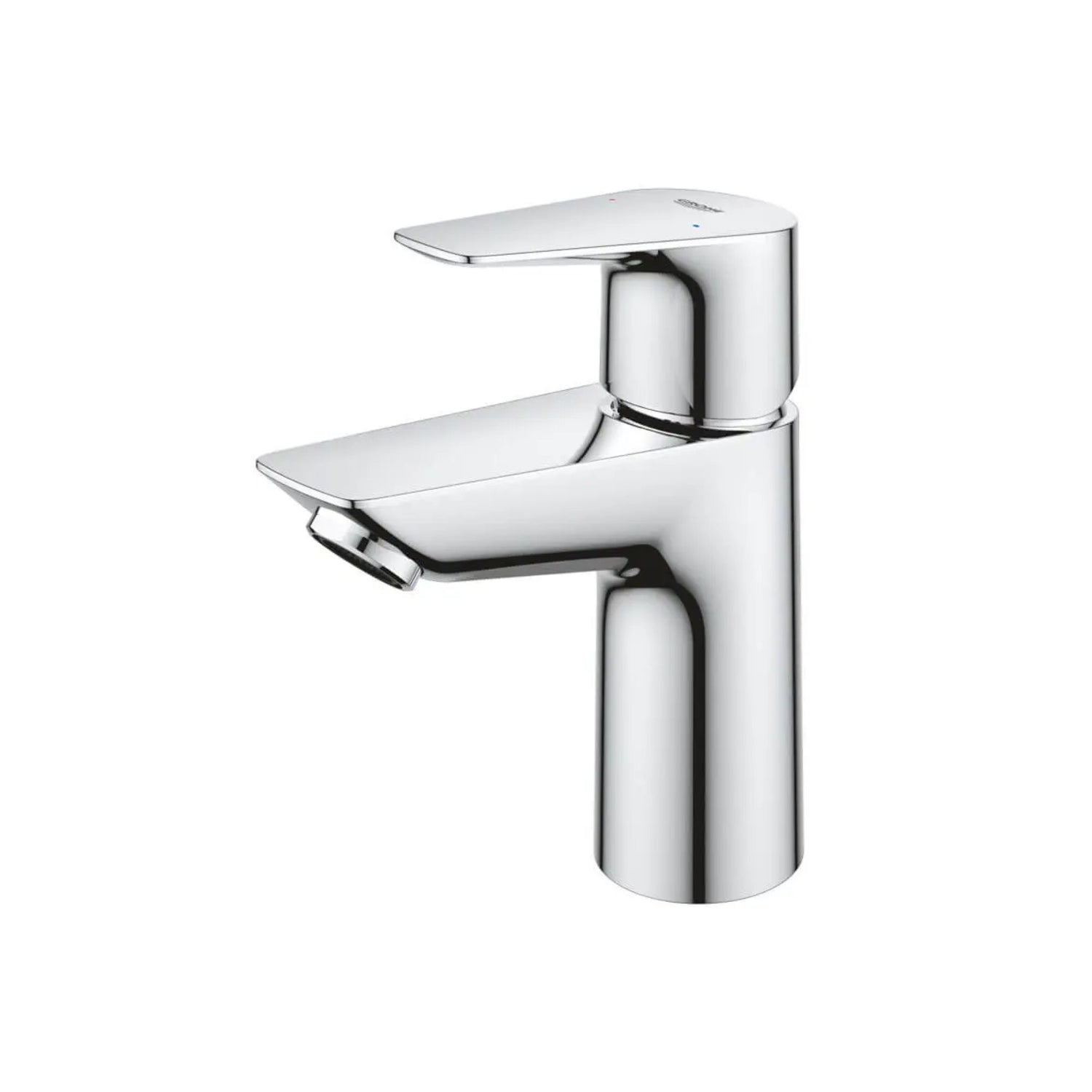 Vista em perspetiva da torneira monocomando Grohe BauEdge S cromada destacando o manípulo superior e bica.