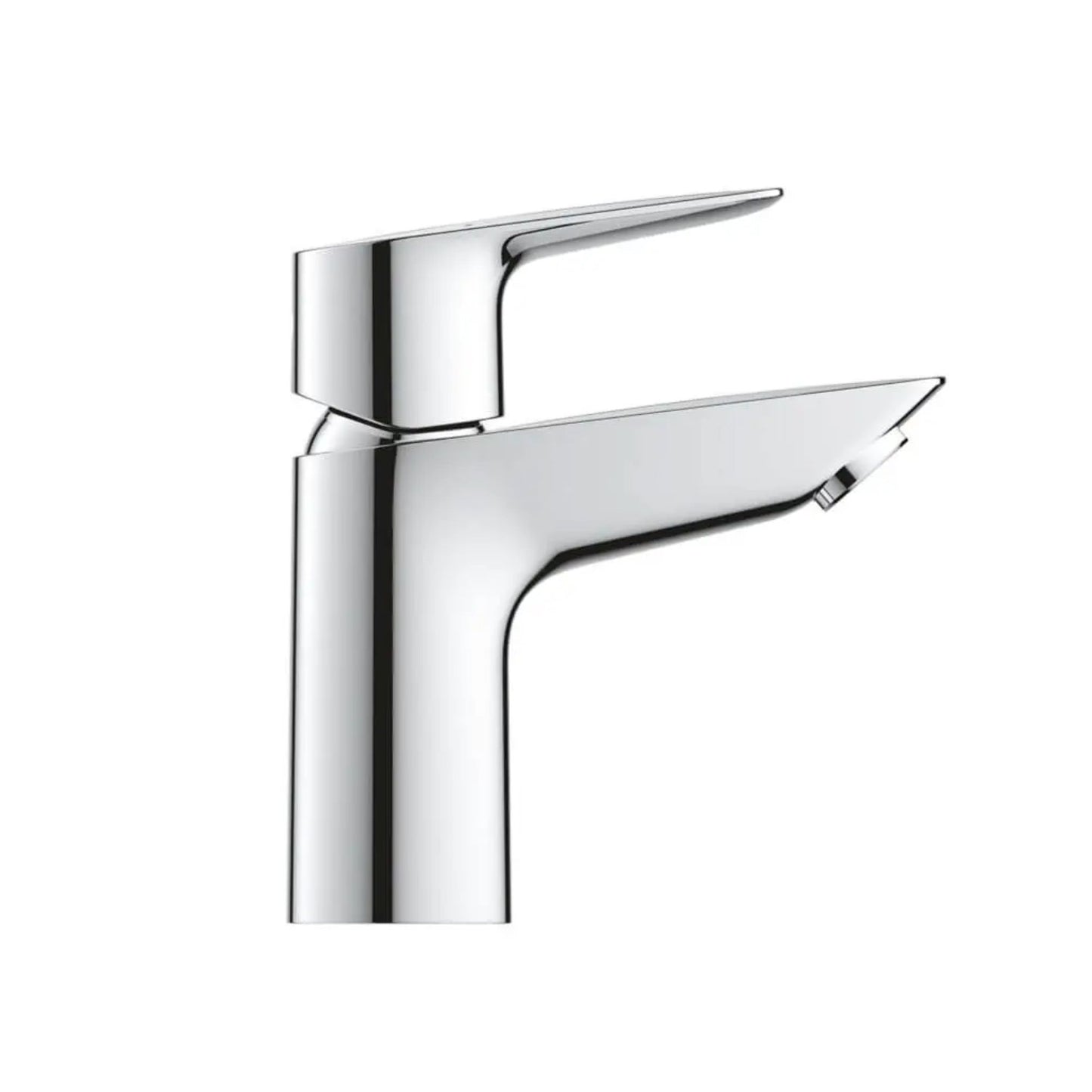 Vista lateral da torneira Grohe BauEdge S cromada realçando o design cilíndrico e bica curva.