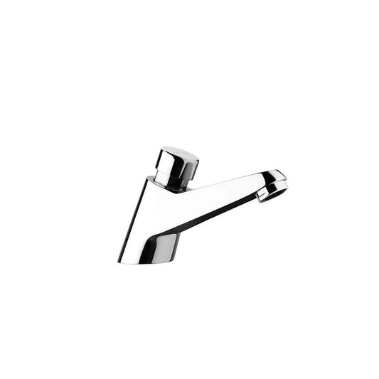 Torneira de lavatório temporizada ECO da Sanindusa, cromada e compacta, em fundo branco