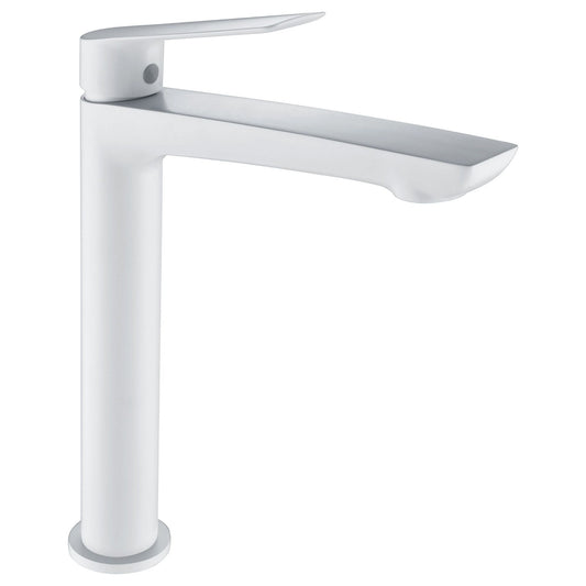 Torneira de lavatório monocomando Imex Luxor bica alta em acabamento branco mate, para lavatórios de pousar.