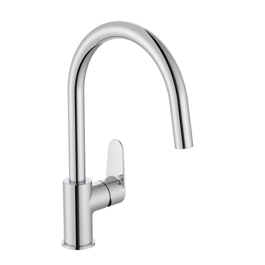 Alt text = 'Vista de perfil da torneira de cozinha cromada Roca Victoria Plus, realçando a sua bica curva.'
