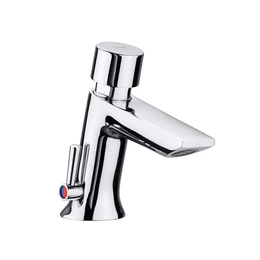 Torneira de lavatório monocomando Roca Instant temporizada cromada com botão de acionamento superior.