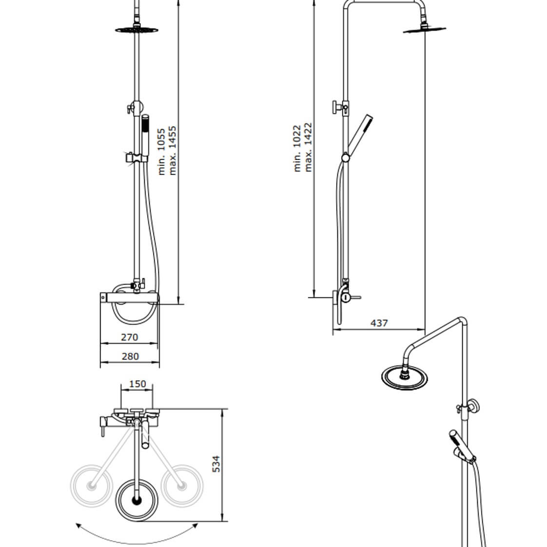 desenho técnico da coluna de duche cromada com rampa telescópica do modelo new icone da sanindusa