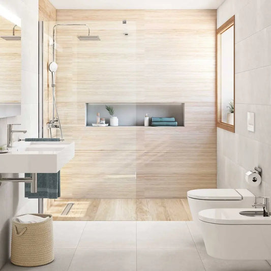 Decorado Abbey Suite Roble 30x90 cm da Roca aplicado num ambiente.