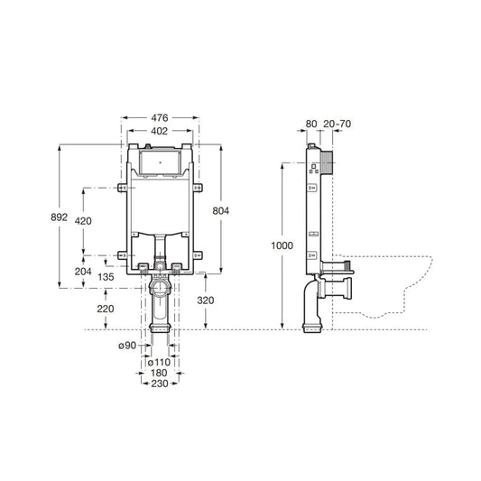 Desenho Técnico do Tanque de Encastrar Basic One WC Compacta da Roca