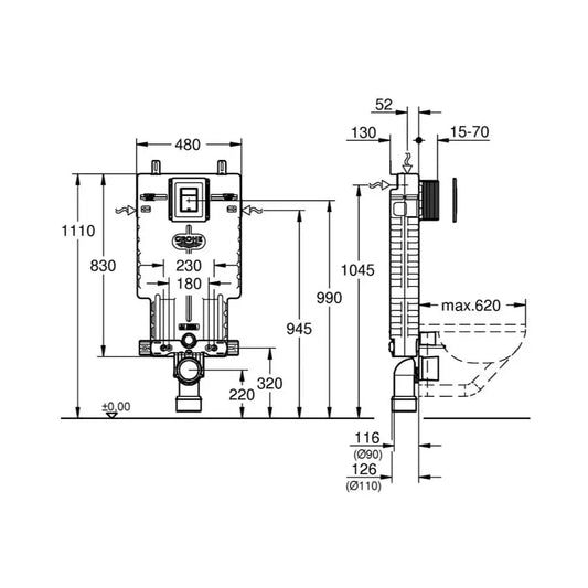 Estrutura de sanita UNISET WC com placa comando cromada | 38825000 | Grohe GROHE