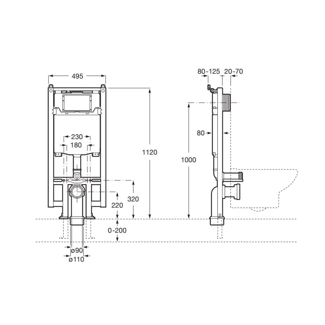 Desenho Técnico da Estrutura de Sanita Duplo One WC Compacta da Roca.