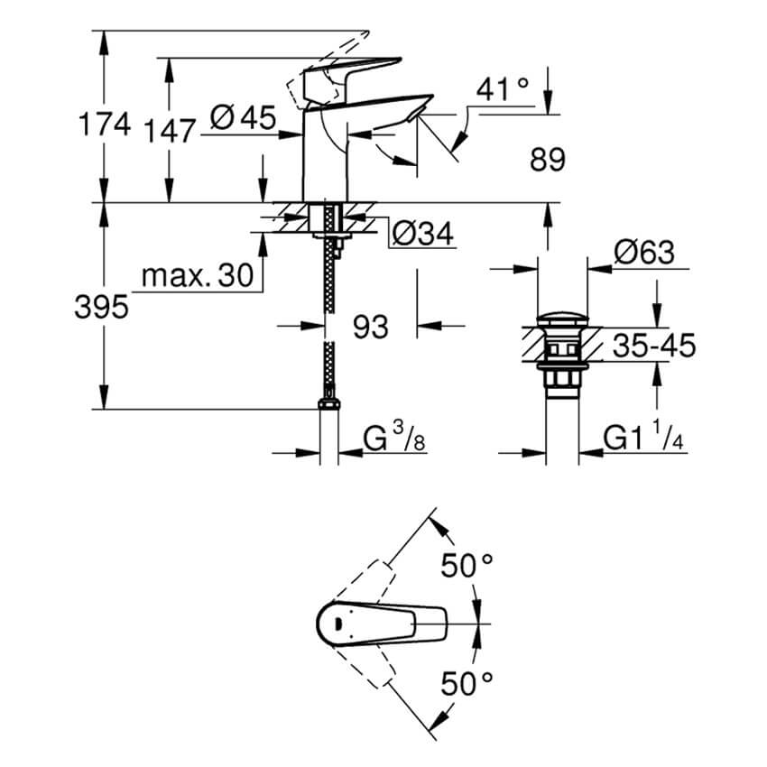 Desenho técnico da grohe bauedge torneira de lavatório com válvula click clack