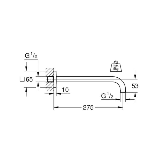 Desenho técnico do braço de chuveiro rainshower cromado