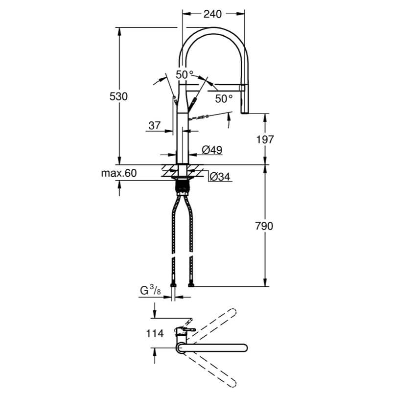 Desenho técnico da GROHE Essence torneira de cozinha cromada com a referência 3029400 