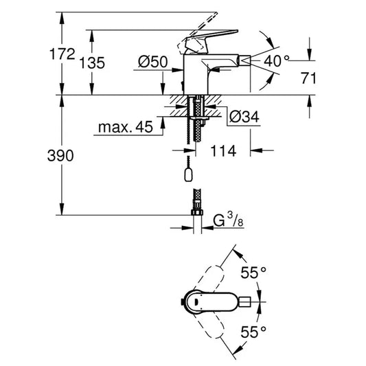 Desenho Técnico da Grohe Eurosmart Cosmopolitan Torneira de Bidé