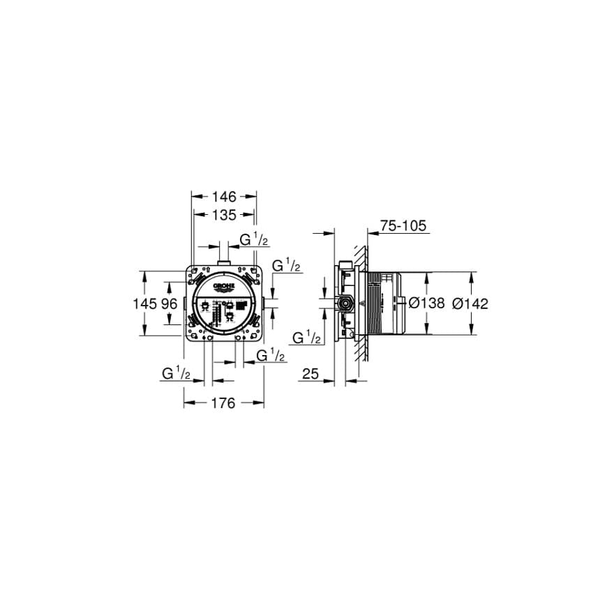 Desenho técnico da encastrável universal RAPIDO SMARTBOX 1/2"