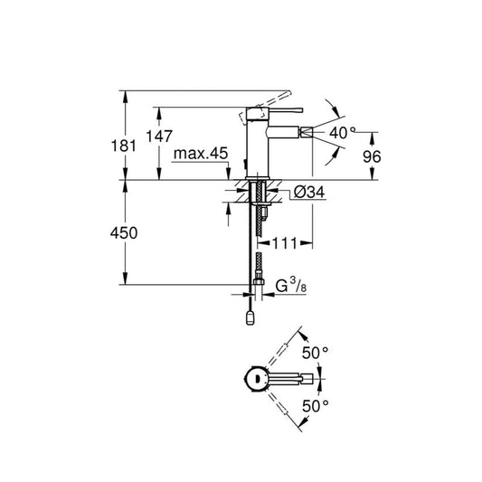 Desenho técnico da torneira de bidé Essence cromada