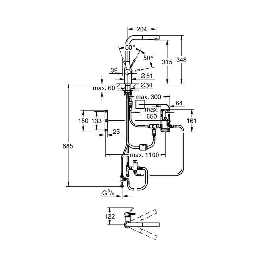 Desenho técnico da torneira de Cozinha Essence Foot Control cromada