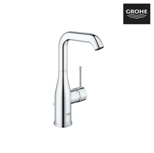 Torneira de lavatório monocomando Grohe Essence New L cromada bica alta, com corpo esguio e alavanca lateral.
