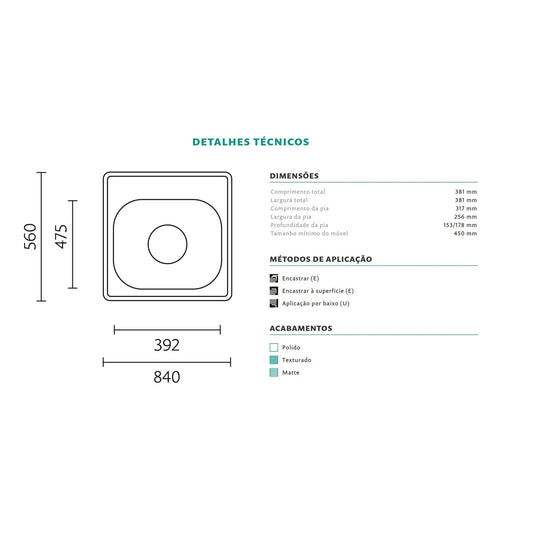 Lava louça INOX 381x381 de 1 pia | E12153NP INAREL