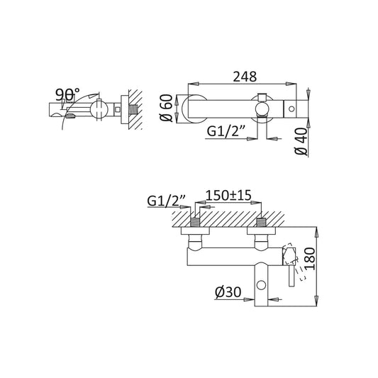 Desenho Técnico da Torneira de Banheira Lusitano Cromada da Bruma.