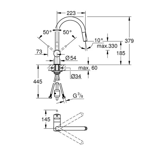 Desenho Técnico da Torneira de Cozinha Minta Cromada da Grohe.