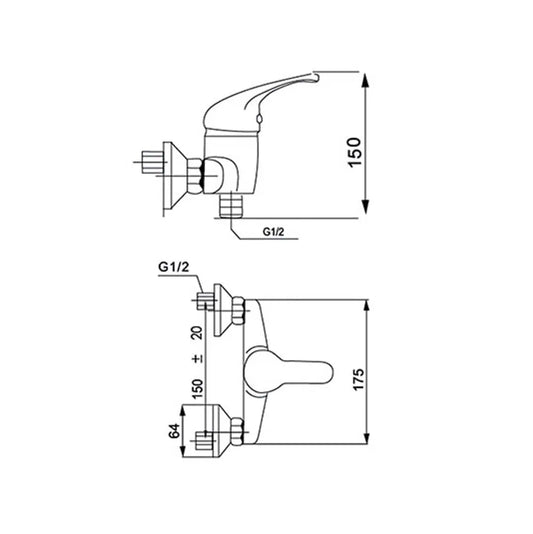 Desenho Técnico da Torneira de Duche SNOW Cromada