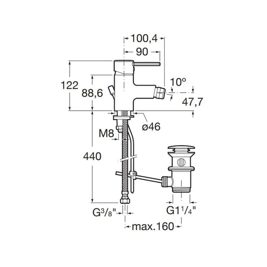 Desenho Técnico da Torneira de Bidé Targa Vda Cromada da Roca.