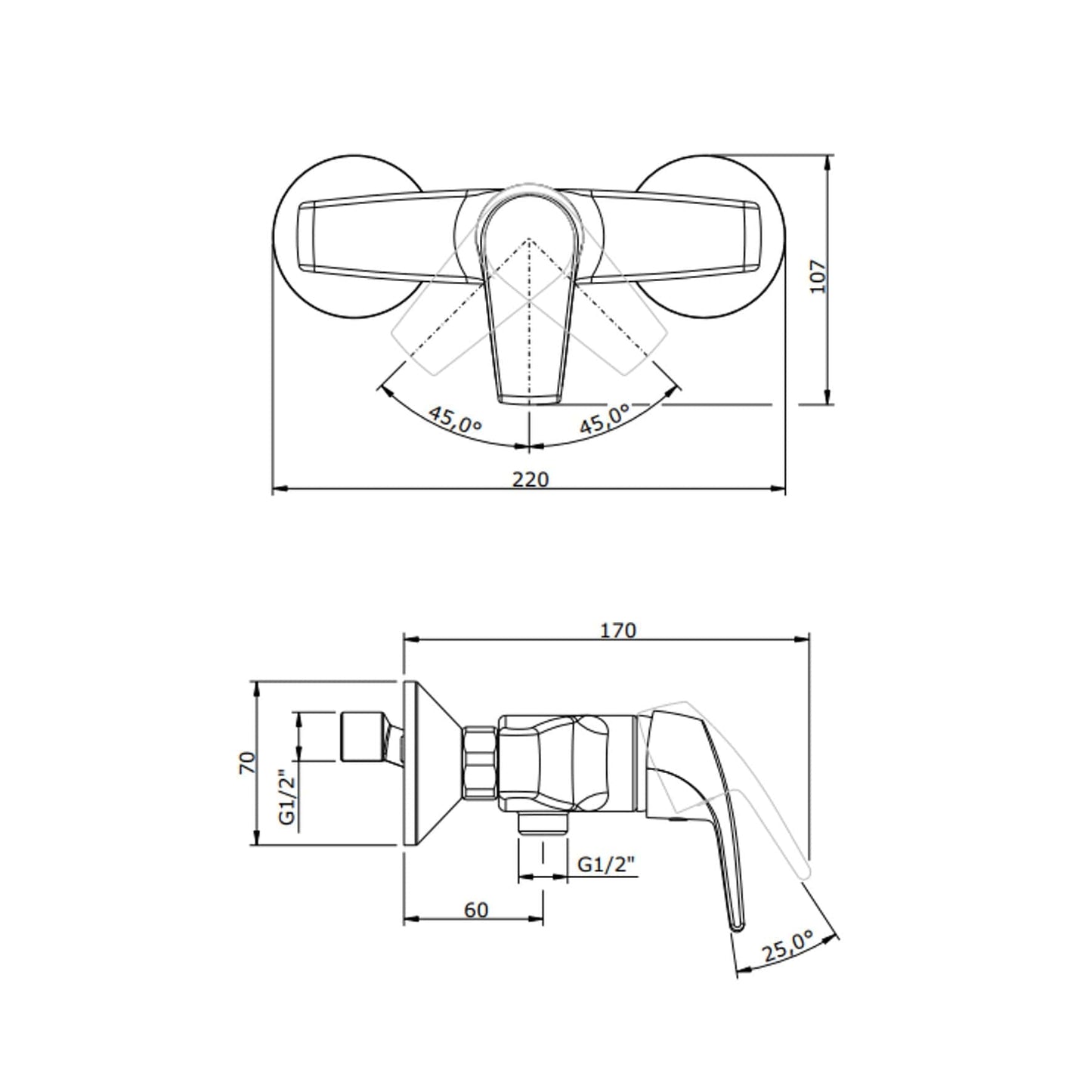 Desenho Técnico da Torneira de Duche EASY Cromada da Sanindusa.