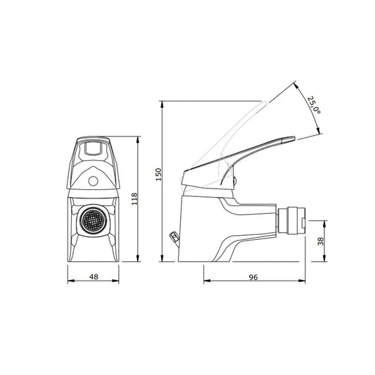 Desenho Técnico da Torneira de bidé Cetus Basic cromada da Sanindusa.