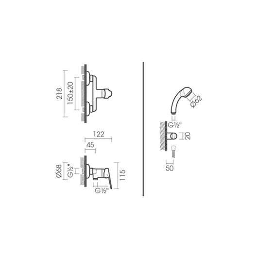 Desenho Técnico da Misturadora de Duche XS Cromada